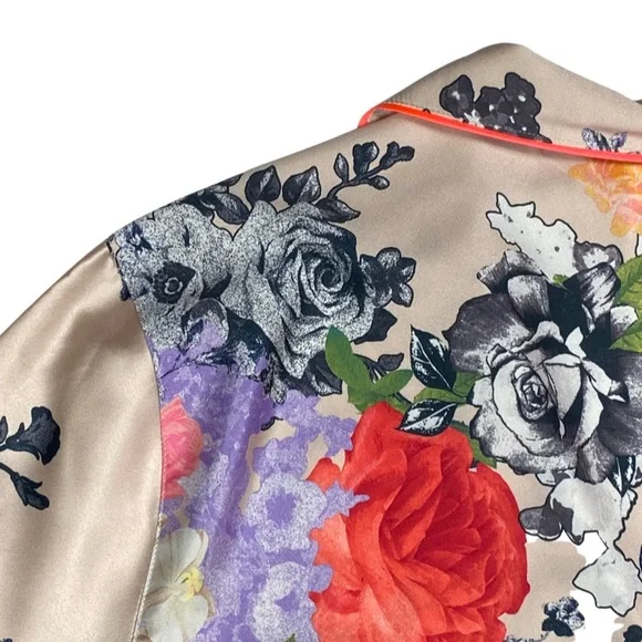 Silky Victoria’s Secret Pajama Top, Floral Button-up w/ Neon Pink Piping, Pocket - Picture 6 of 14